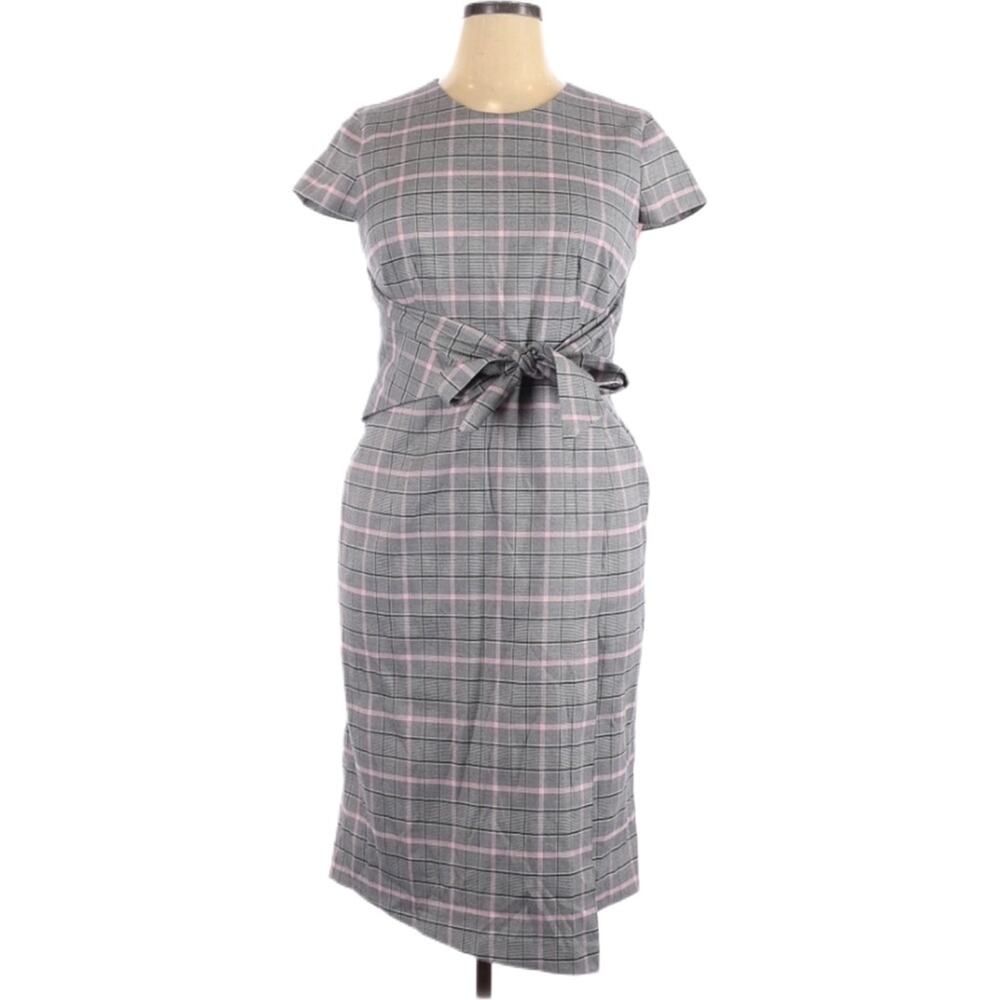 1901 Short Sleeve Self Tie Sheath Midi Dress Women’s Plus Size 14 Grey Pink